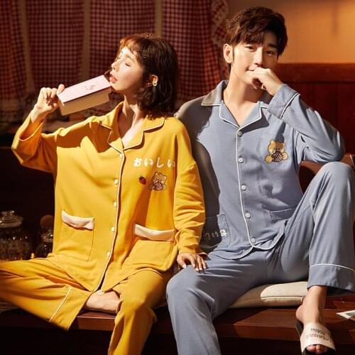 Autumn Winter New Cardigan Coupie Pajamas Korean Pure Cotton Long Sleeve Women Casual Home Clothing Long Sleeve Men Pajamas Set