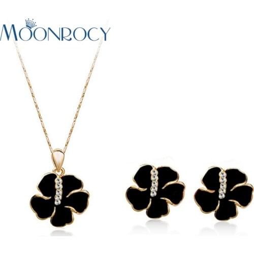 MOONROCY Free Shipping Rose Gold Color Austrian CZ Crystal Black Flower Necklace and Earring Jewelry Set for Women Gift
