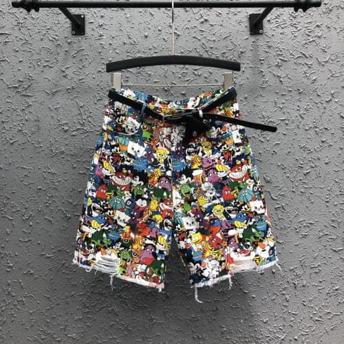 2021 New Summer Women Hot Shorts Stretch High Waist Straight Breeches Cartoon Printing Hole Wide Leg Short Jean Streetwear Mujer