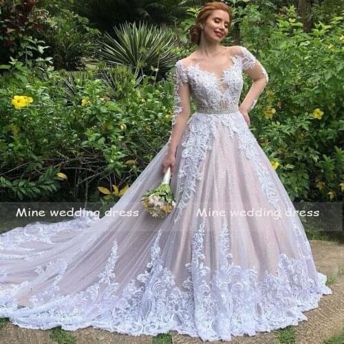 Vestido De Noiva Scoop Bead Belt Appliques Lace Tulle Bride Dress illusion Long Sleeve Wedding Dress 2020