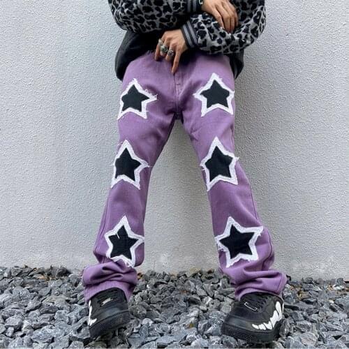 High Street Jeans European and American pasted fabric star raw edge embroidery Street loose straight leg trousers man