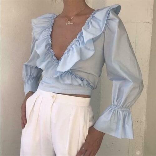 Womens Ruffled V-Neck Top Long Puff Sleeve Blouse Sexy V-neck Autumn Spring Shirt Casual Sexy Ruffles Solid Color Tops Blouse