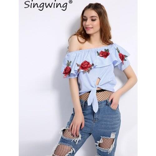 Singwing Embroidery Floral Blue Stripe Blouse Shirts Off the Shoulder Slash Neck Shirts Casual Female Blouses Tops