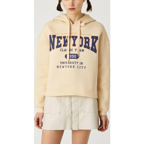 Basic Long Sleeve Sweatshirt 65 cotton hooded new york letter printed new season womens hoodie beige color