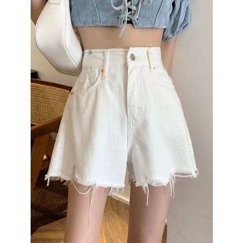 Women High Waist Denim Shorts 2021 Summer New Loose Casual Raw-Edge A-Line Wide-Leg Shorts Fashion Trend Solid Color Thin Shorts