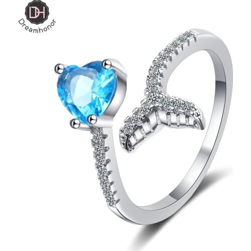 925 Sterling Silver New Woman Fashion Jewelry High Quality Crystal Zircon Heart-shaped Fish Tail Size Adjustable Rings