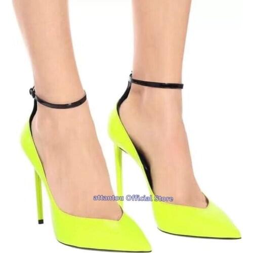 Mixed Color Ankle Wrap Neon Green Women Thin High Heel Dress Shoe Pointed Toe Pumps Sexy OL Ladies High Heels Plus size 46