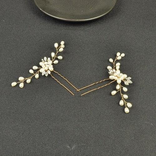 2PCS Gold Color Hairpins Pearl Handmade Wedding Hair Jewelry Accessories Flower Rhinestone Head Decoration Hair Ornament
