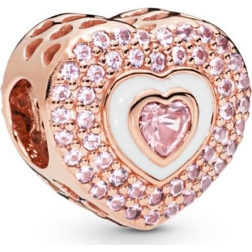 1Pcs New Pretty Pink Rhinestone Heart Pendant DIY Beads Suitable for Original Pandora Charm Bracelet Ladies Jewelry Making Gifts