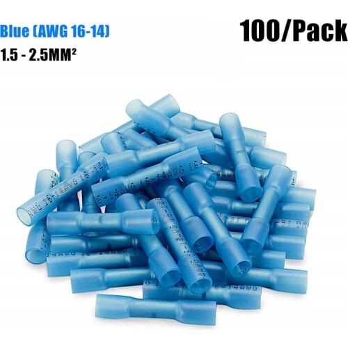 100Pcs Waterproof Heat Shrink Butt Terminals Blue Insulated Electrical Wire Cable Shrinkable Crimp Connectors For 16-14 AWG