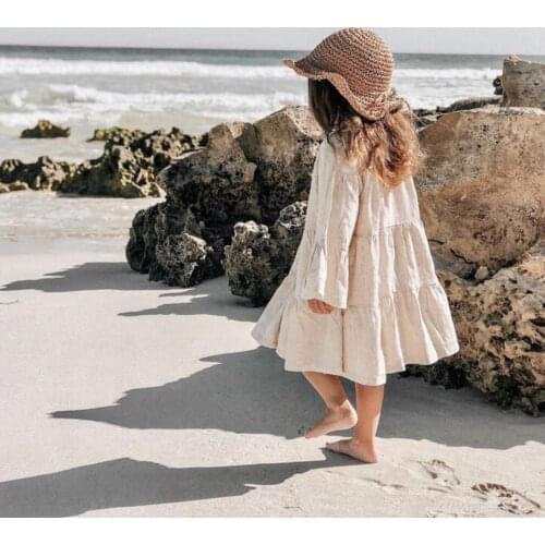 2021 Baby Autumn Clothing Children Girls Stylish Flare Sleeve Beach Dresses Linen Cotton Boho Casual Dress Princess Vestidos