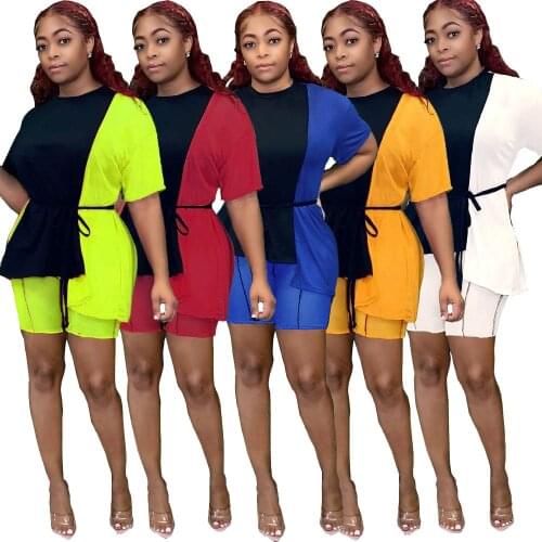 HAOOHU Women 2 Piece Set Patchwork Short Sleeve Long Loose T-shirts Matching Short Skinny Elastic Pants Sets Summer Outfits