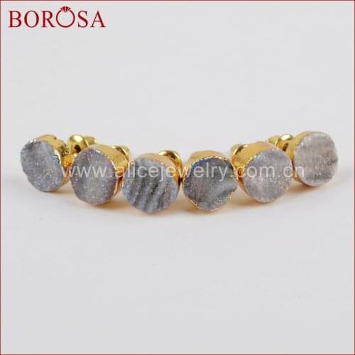 BOROSA Gold Color 9mm Round Titanium AB Galaxy Druzy Quartz Stud Earrings,New Drusy Quartz Stone Studs for Women G1379