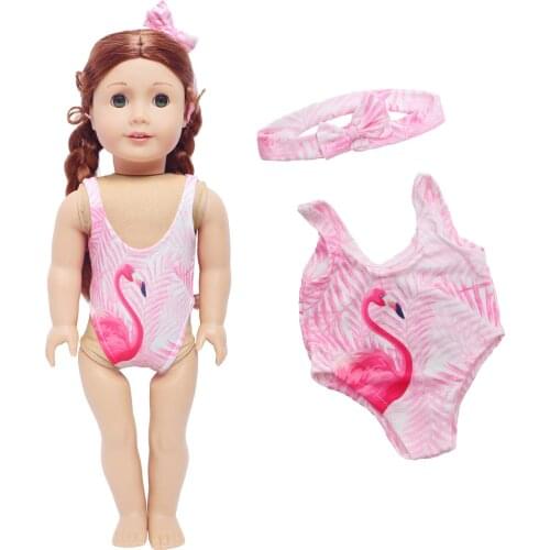 Fashion Pink Sling Swimsuit + Bow Headband Outfit Cute Swimming Suit Beach Bathing Wear Clothes for 18 Inch Doll Accessories Toy