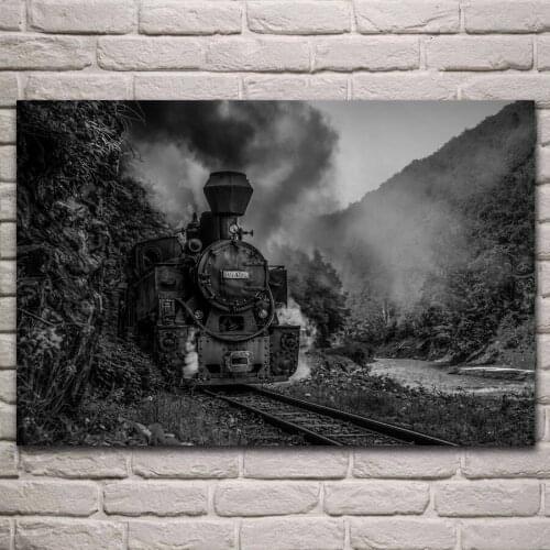 Train monochrome steam locomotive railway living room decoration home wall art decor wood frame fabric posters KJ993