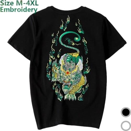 Jantour Brand Mens T-Shirt Harajuku Japanese Style Embroidery Unicorn Short Sleeve Loose 100% Cotton Tee Tops Male 3XL 4XL