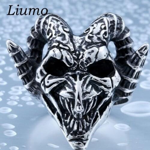 Liumo Vintage Punk Style Evil Hip Hop Goat Skull Demon Men Alloy Biker Ring Lr1136