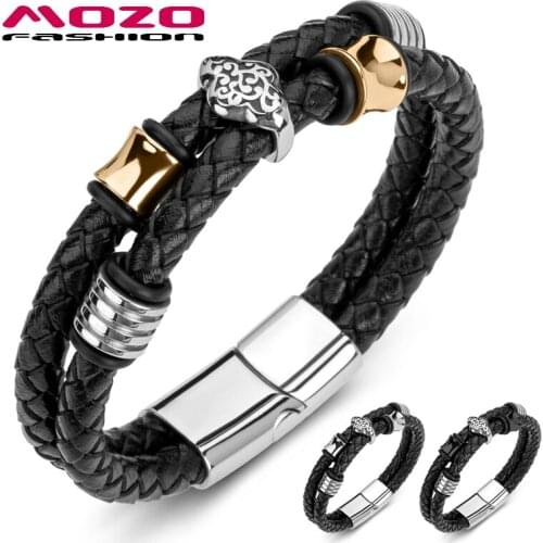 Men Bracelet Braided Leather Rope Chain Stainless Steel Ethnic Punk Bangle Non-Mainstream Jewelry