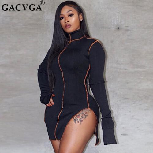 GACVGA 2020 Side Slit Patchwork Women Casual Dresses Long Sleeve Athleisure Fashion 2020 Bodycon Mini Dress Slim Sporty Clothing