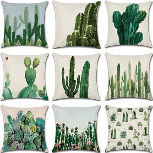 ROMANZO 45*45CM New Cactus Series Green Plant Linen Digital Printing Pillowcase Cushion Cover Car Decorative Pillow Case