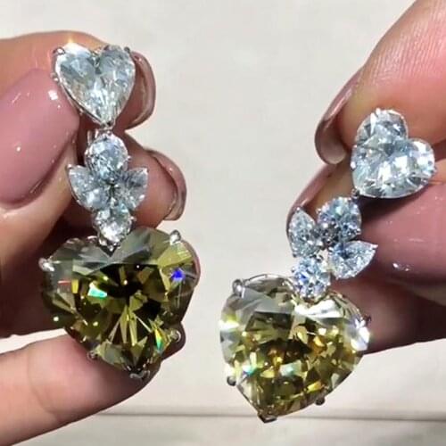 Huitan Creative Heart Dangle Earrings Olive Green Cubic Zirconia Brilliant Female Accessories Aesthetic Trendy Jewelry for Women