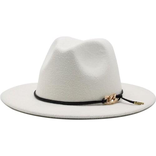 Men Women White Fedora Hat Wide Brim Wool Felt Panama Hats With Belt Buckle Jazz Trilby Cap Black/white Formal Cap Chapeau Femme