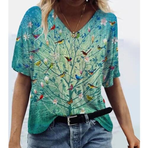 Boho Floral Printed Plus Size T-shirts Women Short Sleeve Printed V-neck Tops Tee T-shirt Harajuku Loose Top Mujer Camisetas @40