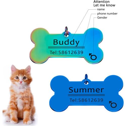 Colorful Cat Dog Pet ID Tag Engraved Dog Anti-lost Collar Charm Pet Name Bone Necklace Collar Puppy Cat Collar Accessory