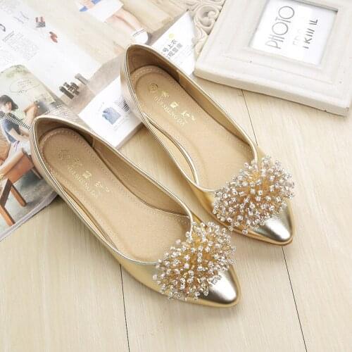 Women Pointed Toe Shiny Leather Gold Silver Rhinestone Flats Single Shoes Crystal Beading Ballet Flats Female Moccasins Big Size