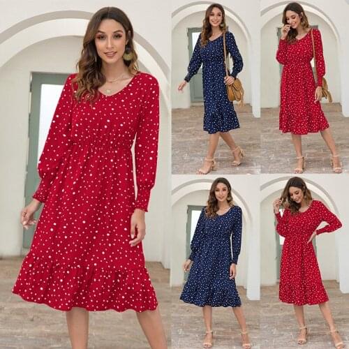 Dot Print Long Dress Womens New Autumn 2021 Casual V-Neck Long Sleeve Waist Down Fashion Lady Bohemian Beach Dresses Plus Size