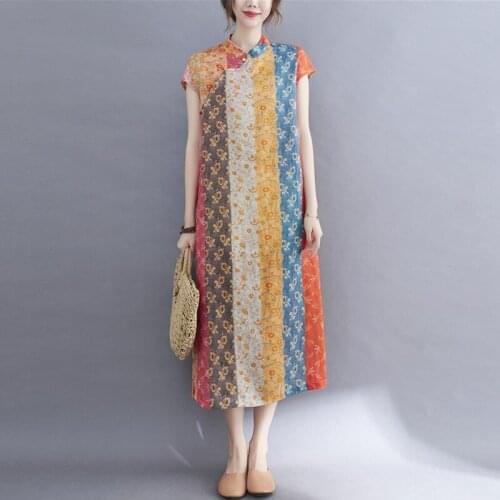 Women Summer Casual Dress New 2021 Chinese Style Vintage Stand Collar Print Loose Ladies Elegant A-line Long Dresses B876