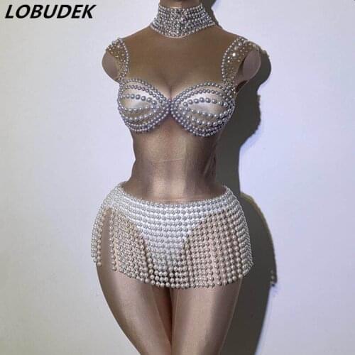 White Pearl Collar Beading Tassels Bodysuit Sexy Women Stage Show Sleeveless Leotard Costume Nightclub Bar Performance Bodysuits