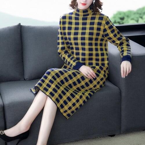 New Arrival Autumn Winter Women Dress Plus Size Loose Casual Base Dress Fashion Retro Plaids Knitted Sweater Dress