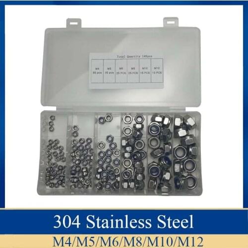 146pcs/set 304Stainless Steel Steel Nylon Lock Nut F-locking Hex Locknut Assortment Kit