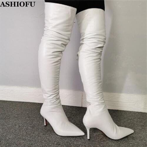 ASHIOFU New Real-photos Womens High Heel Boots Wedding Party Prom Over-the-knee Boots Sexy Evening Thigh High Fashion Boots