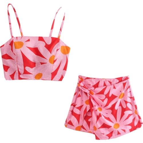 Za Women Fashion Blouses Vintage Solid Floral Print Open Back Thin Straps Female Shirts Chic Tops And Irregular High Waist Mini