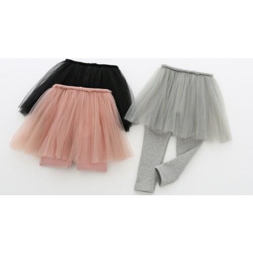 Kids Leggings for Baby Girls Tulle Mesh Fake 2 Pcs Pantskirt 2019 Spring New Childrens Cotton Gauze Skinny Pants Trousers 2-6 Y