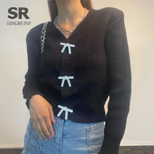 SINGREINY Women Knitted Cardigan Long Sleeve V Neck Loose Sweet Bow Sweater 2021 Autumn Winter Korean Fashion Casual Outerwear