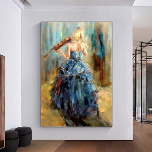 Handmade Beautiful Lady Play The Violin Modern Oil Painting Wall Art Picture On Canvas For Living Room home Decor frameless