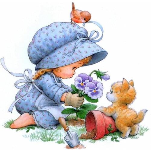 Animal Carton Cat Little Girl DIY Embroidery 11CT Kits Needlework Craft Cotton Thread Printed Canvas Home Decoration Wholesale