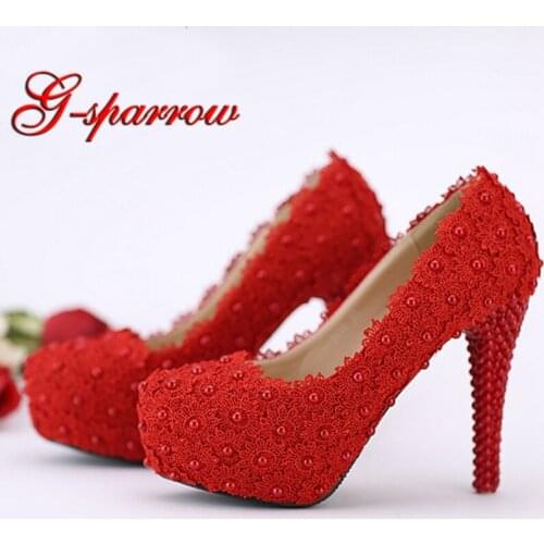 Hot Selling Wedding Shoes Red Lace Flower Platform Bridal Formal Dress Shoes Women Pumps Birthday Party Dance High Heels