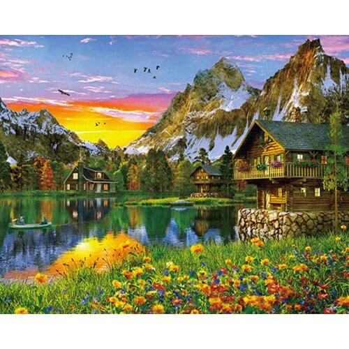 MM 14/16/18/28 CROSS STITCH Full Round Drill 5D DIY Diamond Painting " L2454 cottage sunset scenery " Embroidery Cross Stitch