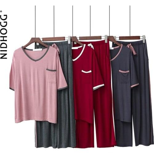 2020 Modale Pyjamas V-neck Short-sleeved Trousers Pajamas for Women Two Piece Set Summer Loose Casual Home Suit Lounge Sleepwear