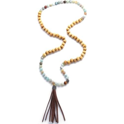 MOODPC Free Shipping Fashion Wood Beads Amazonite Stones Bohemian Tribal Jewelry Long Tassel Necklace