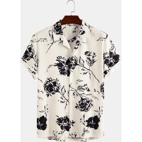 2021 Fashion White Rose Printed Shirt Mens Casual Short Sleeve Rose Printed White Shirt Mens Retro High Lapel Collar Shirt