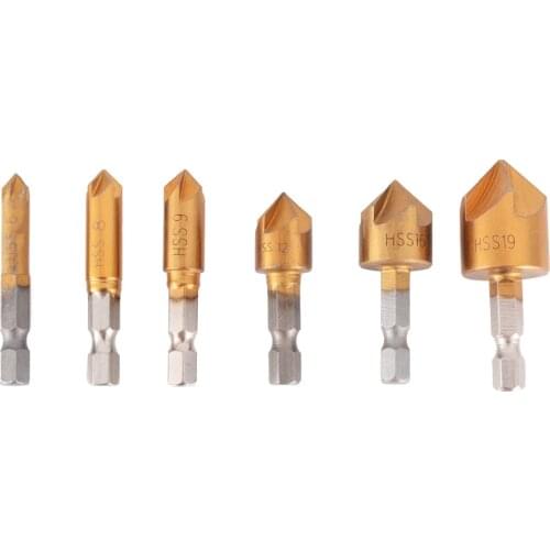 6pcs/set 5 Flute Countersink Drill Bit Set 90 Degree Hex Shank Chamfer Cutter Tool 6-19mm For Power Tools