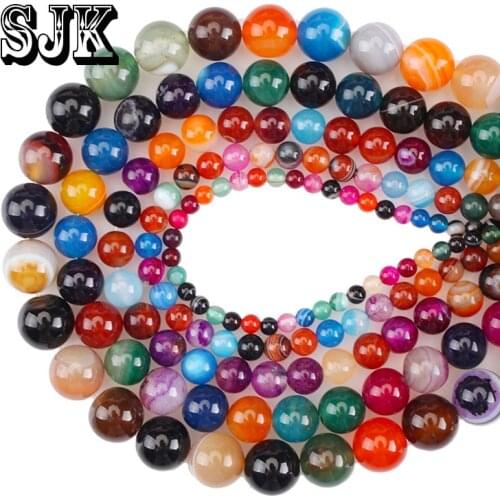 Natural Stone Mixed Colors Stripe Agates Smooth Round Loose Beads 4 6 8 10 12 14MM DIY Bracelet For Jewelry Making Wholesale