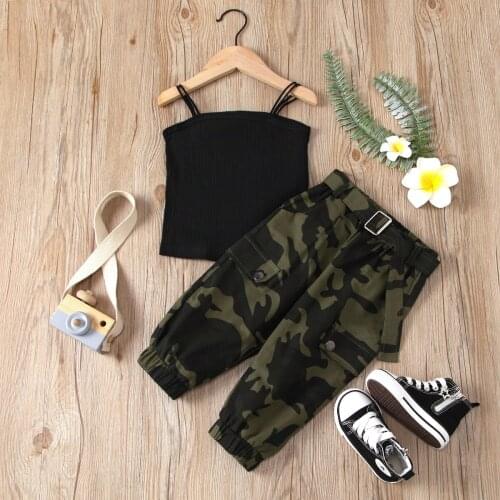 New Kids Baby Girls Clothes Sets Summer Children Black Tank Top Camouflage Cargo Pants Outfits Casual Girls Clothing 2-7Y