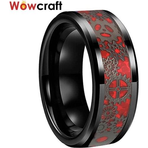 6/8mm Wedding Bands Tungsten Carbide Rings Black for Men Women Gears Red Opal Inlay Beveled Edges Polished Shiny Comfort Fit