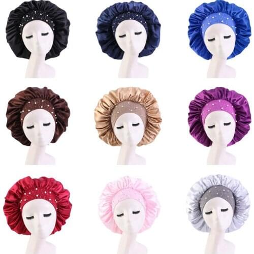 Solid Women Satin Bonnet Beading for Lady Night Sleep Cap Wide Band Headwrap Hat Beanie Skullies Hairdressing Beauty Accessories